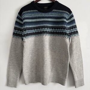 J Crew Navy and Gray Faire Isle Crewneck Lambs Wool Sweater